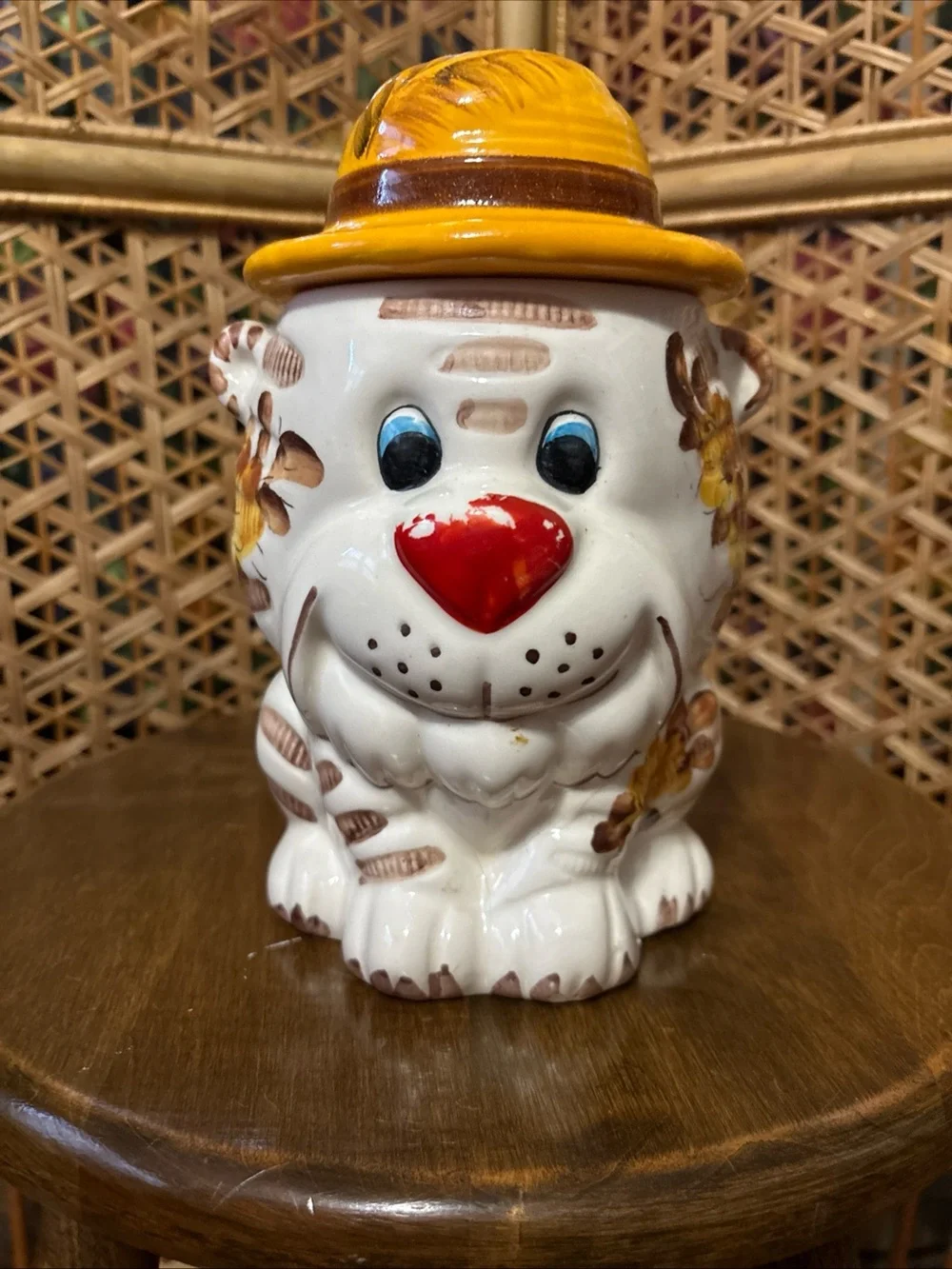 Vintage Ceramic Animal Cookie Jar with Yellow Hat